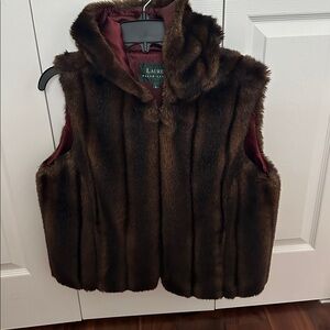 RALPH LAUREN FAUX FUR HOODED VEST SIZE LARGE SATIN LINED